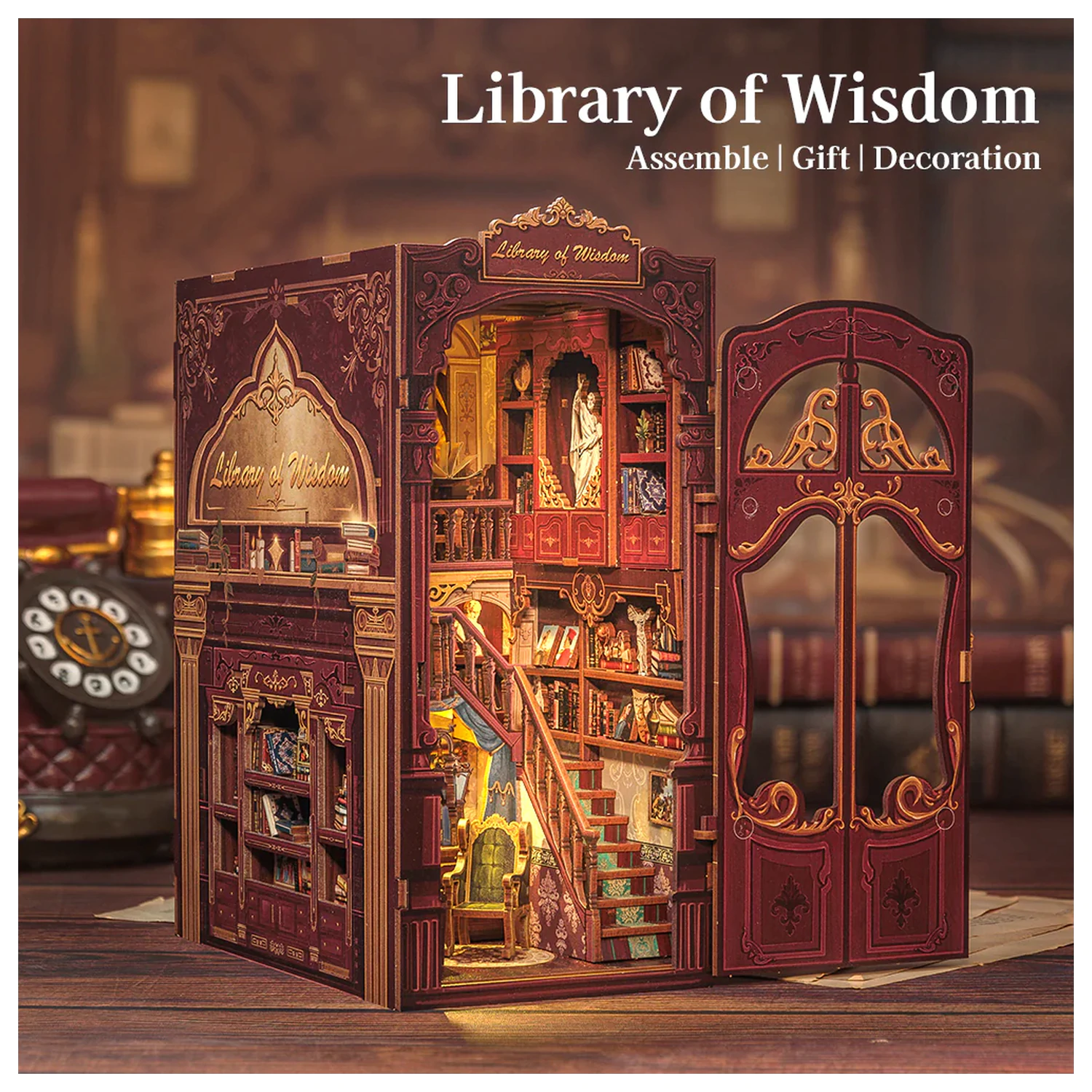 BOOK NOOK KIT DIY Library of Wisdom 281 piese + set de constructie cu lumina LED poza produsului