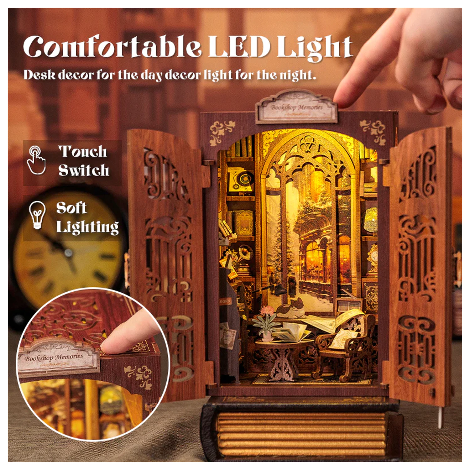 BOOK NOOK KIT DIY Memories Bookshop 127 de piese + Set de constructie cu lumina LED poza produsului