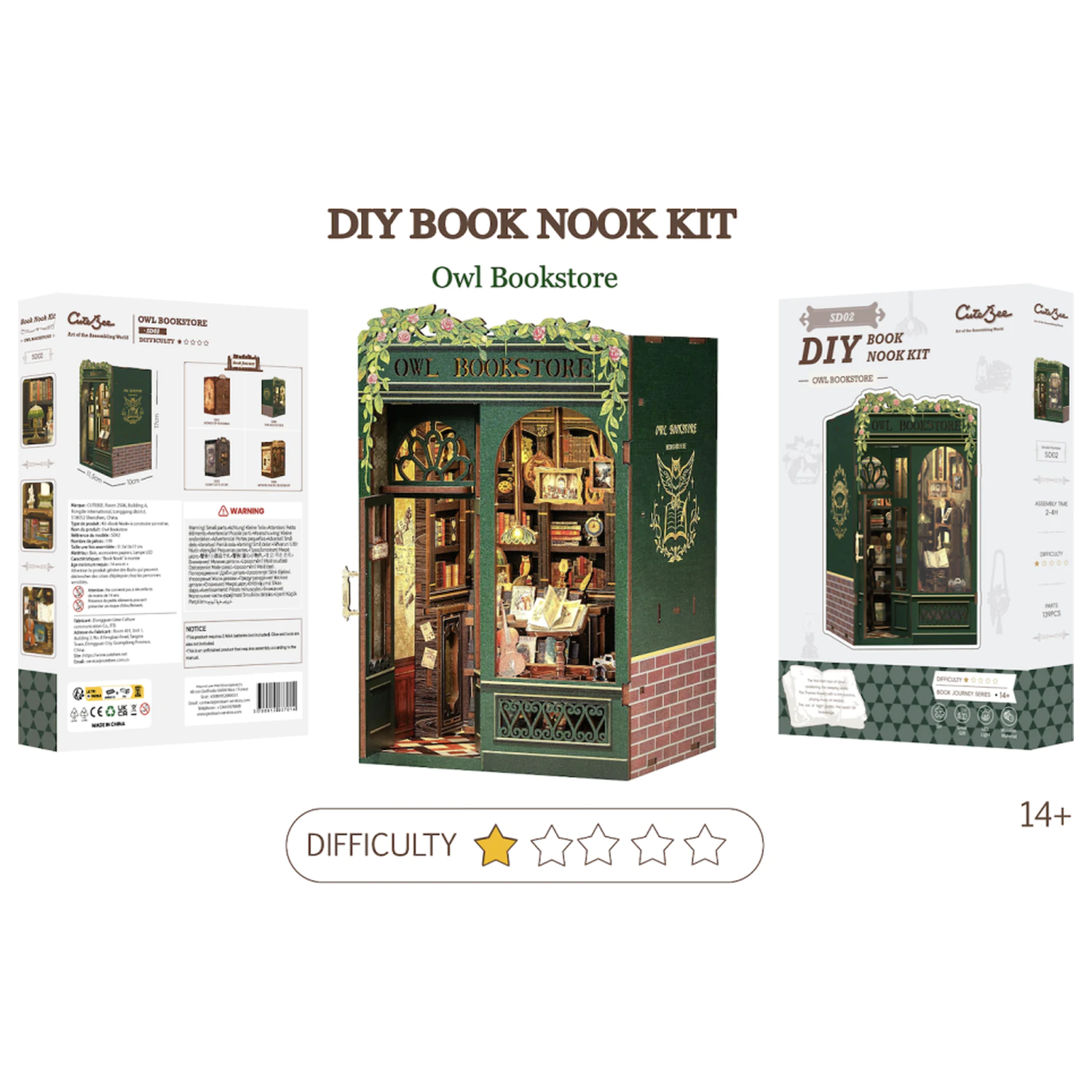 BOOK NOOK KIT DIY Owl Bookstore set de constructie de 139 piese + lumina LED poza produsului