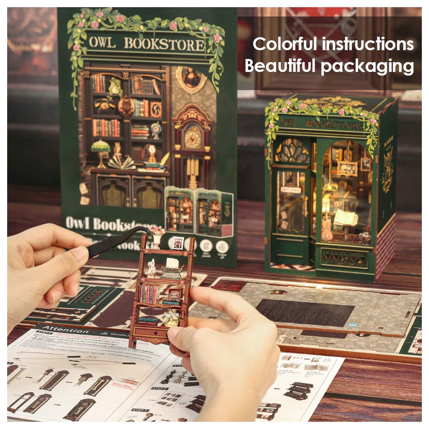 BOOK NOOK KIT DIY Owl Bookstore set de constructie de 139 piese + lumina LED poza produsului