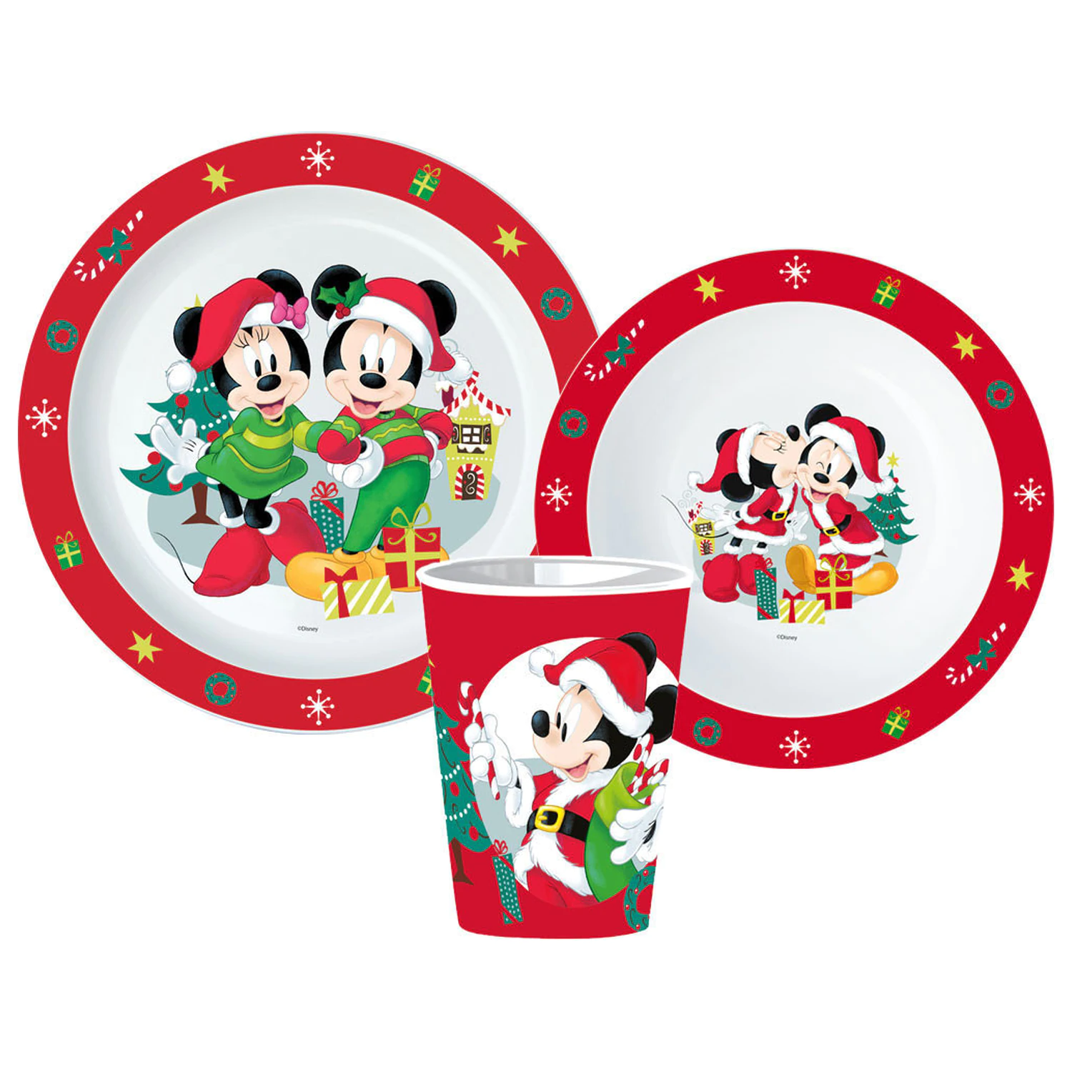 Disney Minnie and Mickey Christmas Dinnerware Set, Set micro plastic, cu pahar 260 ml poza produsului