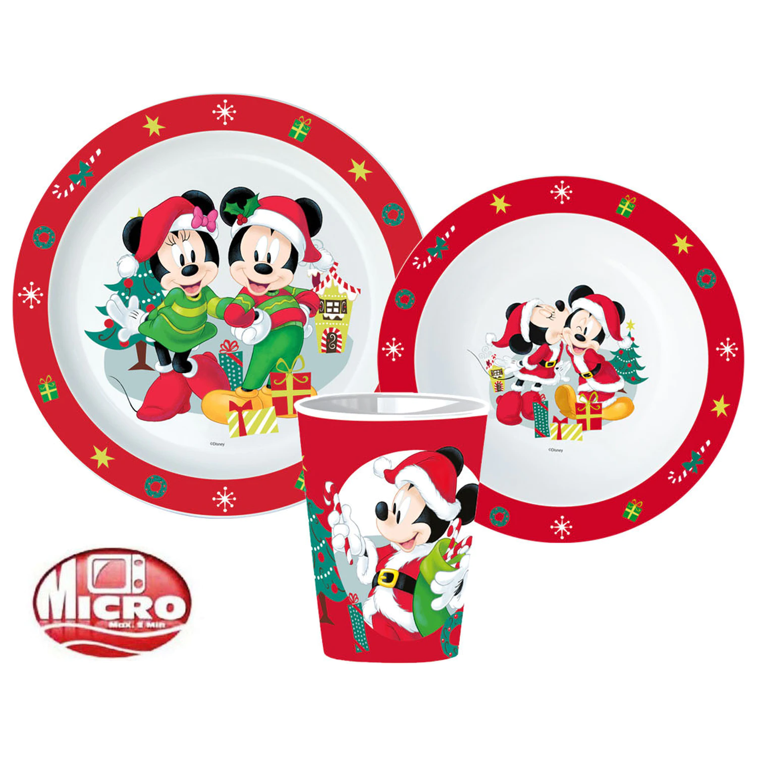 Disney Minnie and Mickey Christmas Dinnerware Set, Set micro din plastic, cu pahar de 260 ml poza produsului
