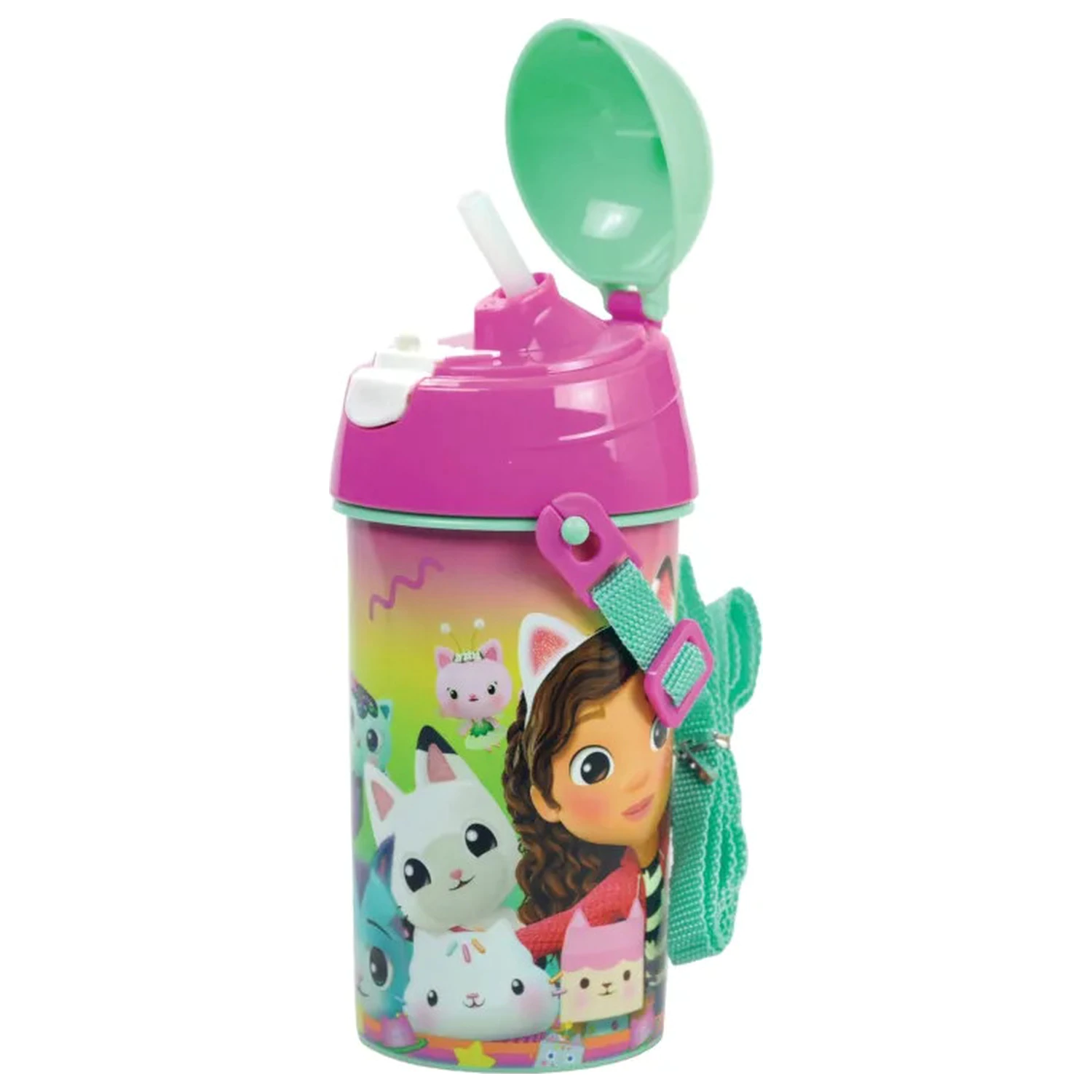 Gabby's Dollhouse sticla de apa din plastic cu pai, cu nuante ce se estompeaza, cu agatatoare, 500 ml poza produsului