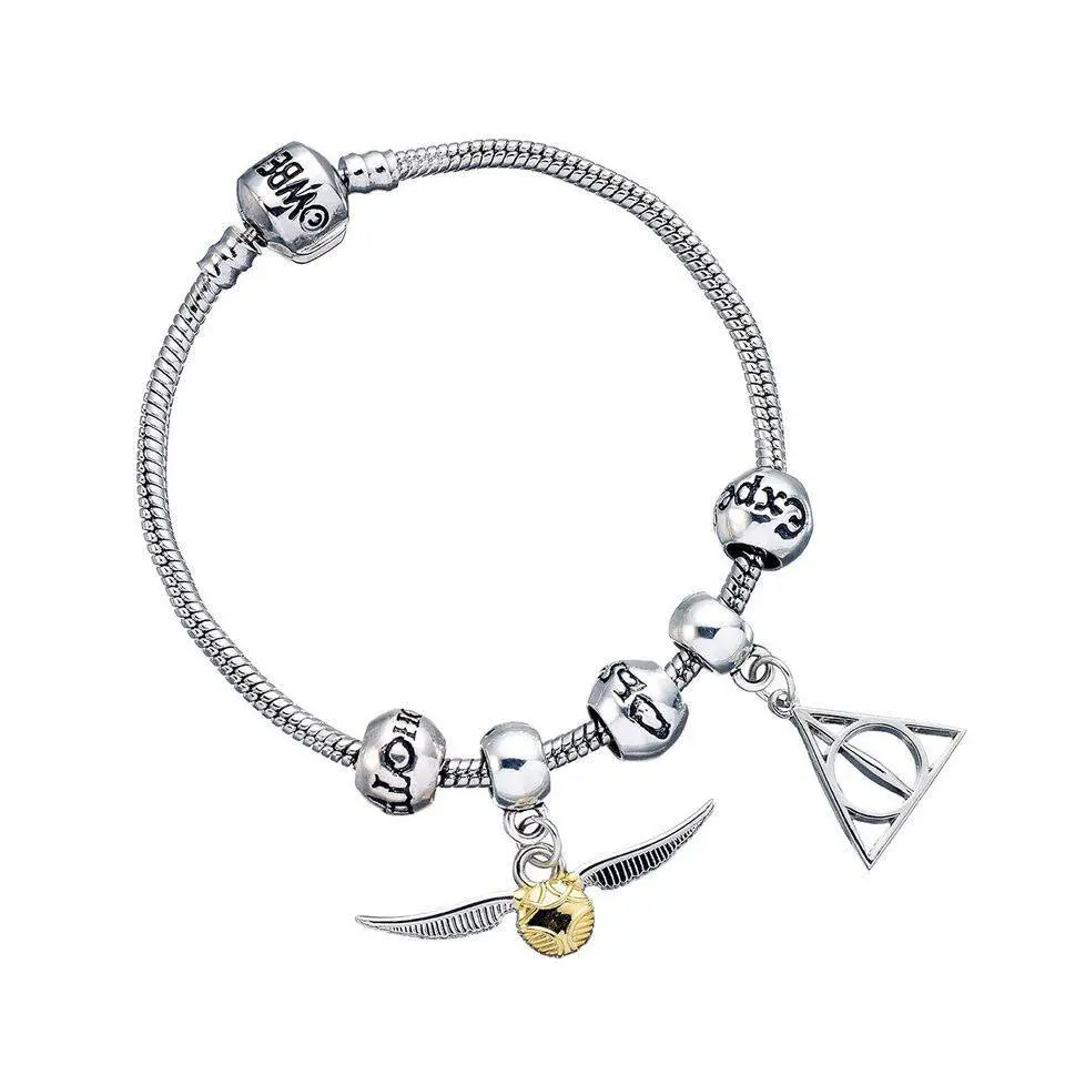 Set brățară cu talismane Harry Potter Deathly Hallows/Snitch/3 mărgele Spell (placat cu argint) poza produsului