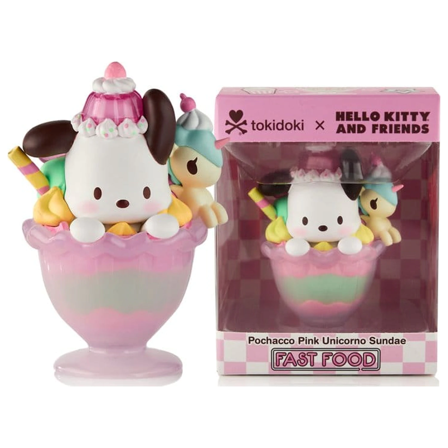 Hello Kitty & Friends Window Box Figurina Fast Food Pochacco Pink Unicorn Sundae 9 cm poza produsului
