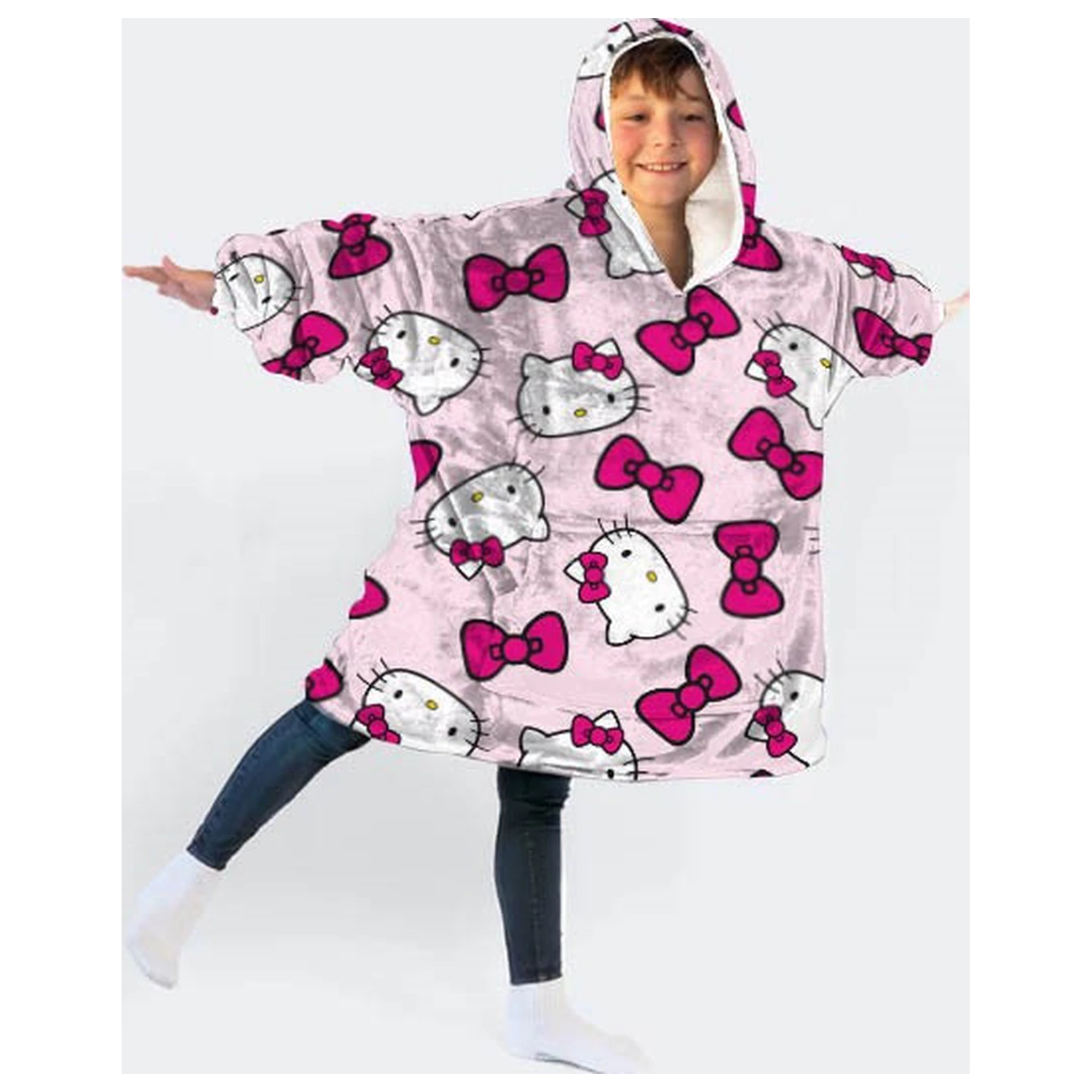 Hello Kitty Bow Plush Fleece Pătură Poncho portabilă pentru vârstele 7-14 poza produsului