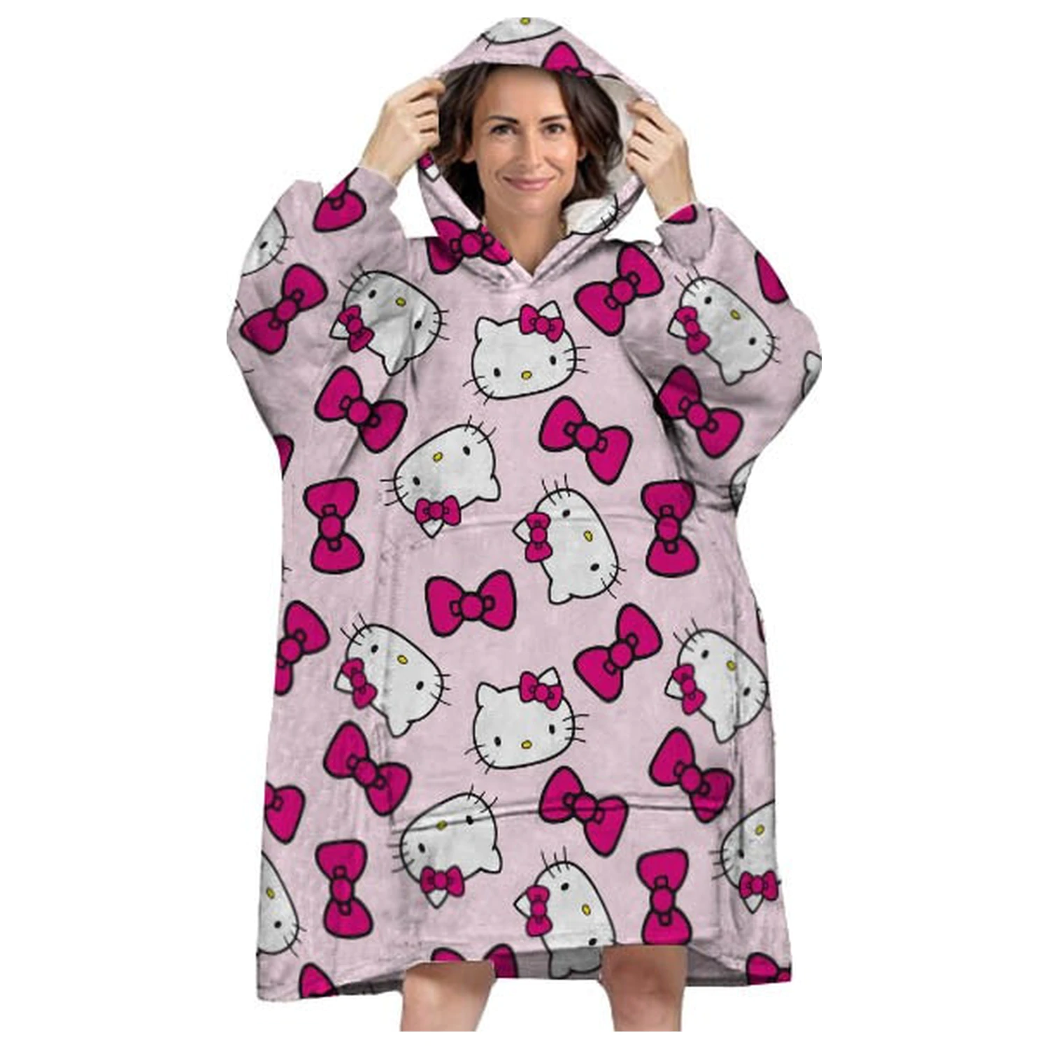 Hello Kitty Bow Adult Wearable Plush Fleece Patura Tip Poncho poza produsului