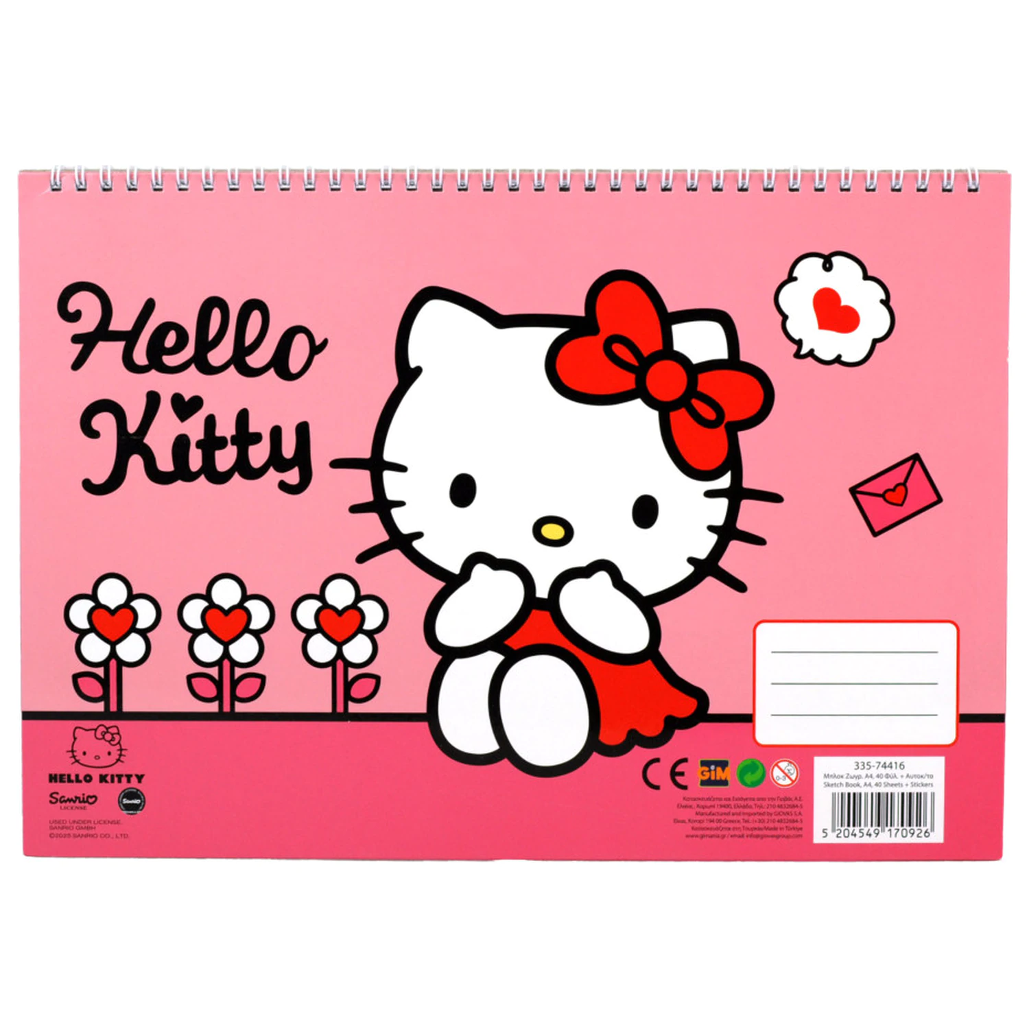 Hello Kitty Sweetheart A4 Spiral Sketchbook 40 file cu stickere poza produsului