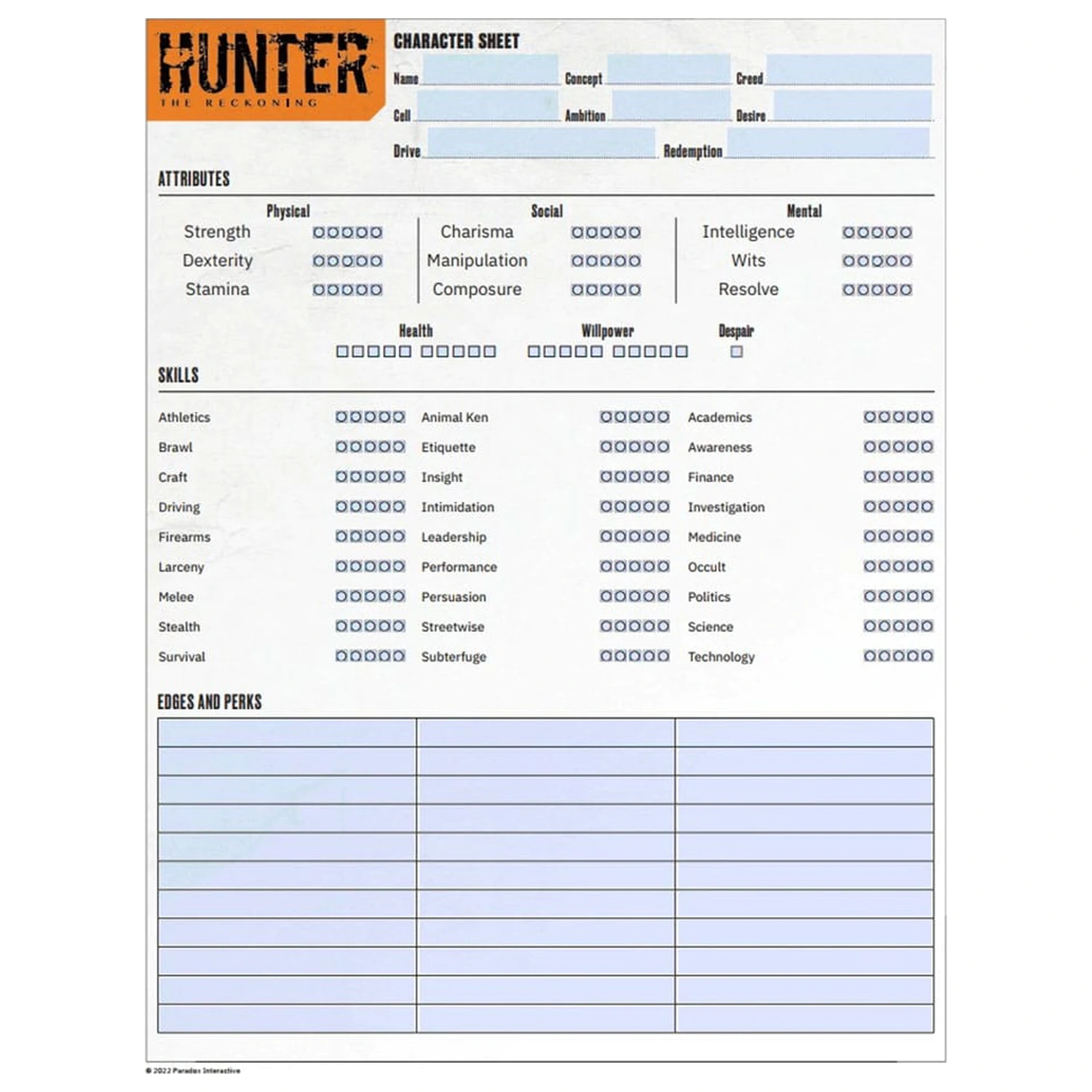 Hunter: The Reckoning 5th Edition RPG Jurnal Fisa de Caracter Extinsa Jurnal *Versiunea Engleza* poza produsului