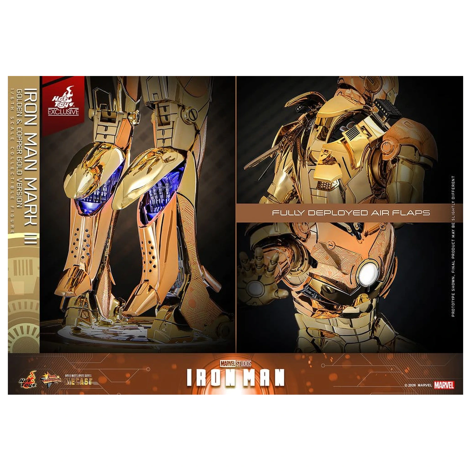 Iron Man Movie Masterpiece Diecast Figura de acțiune 1/6 Iron Man Mark III (Golden & Copper Gold Version) Hot Toys Exclusive 33 cm poza produsului