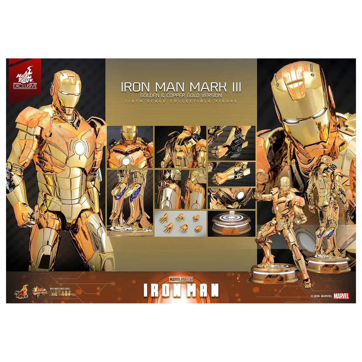 Iron Man Movie Masterpiece Diecast Figura de acțiune 1/6 Iron Man Mark III (Golden & Copper Gold Version) Hot Toys Exclusive 33 cm poza produsului