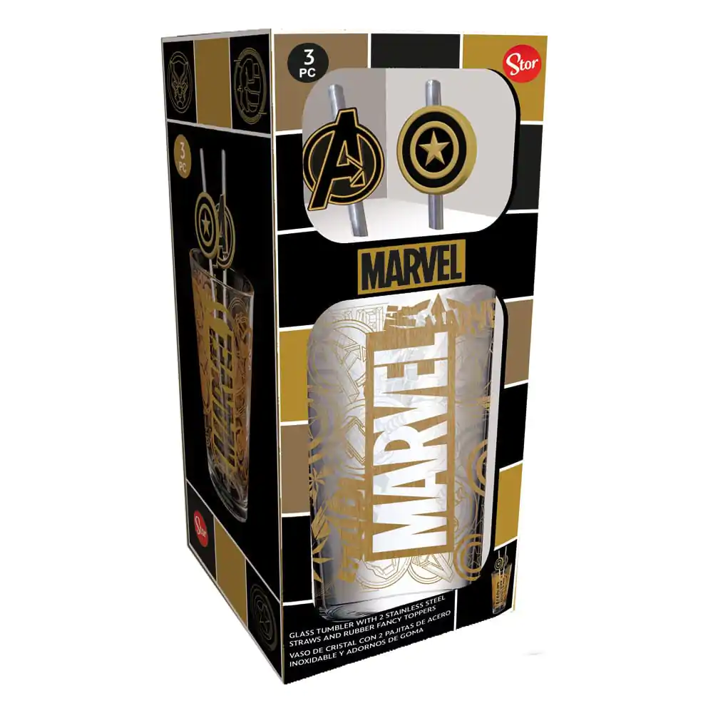 Marvel Pahar de sticla cu paie Logo si Avengers 485 ml poza produsului