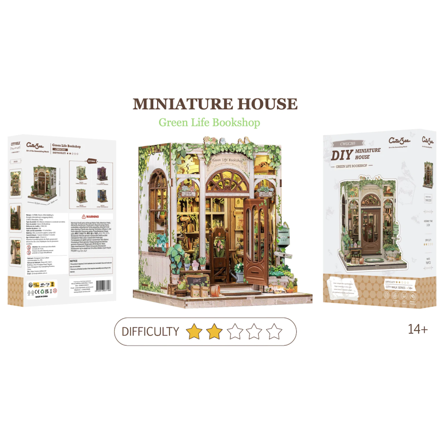MINIATURE HOUSE DIY Green Life Bookshop 196 piese + Set de constructie LED Light poza produsului