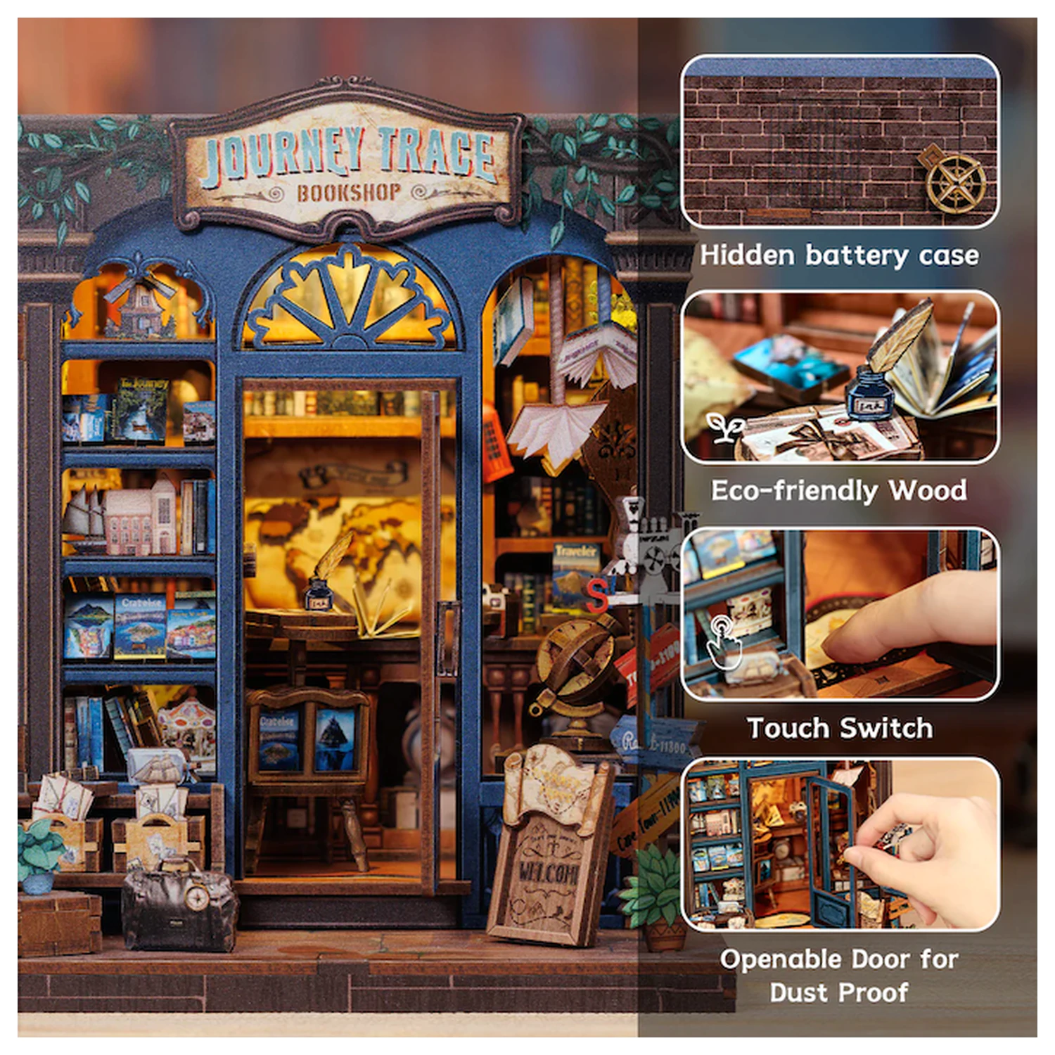 MINIATURE HOUSE DIY Journey Trace Bookshop 241 piese + Set de constructie cu lumina LED poza produsului