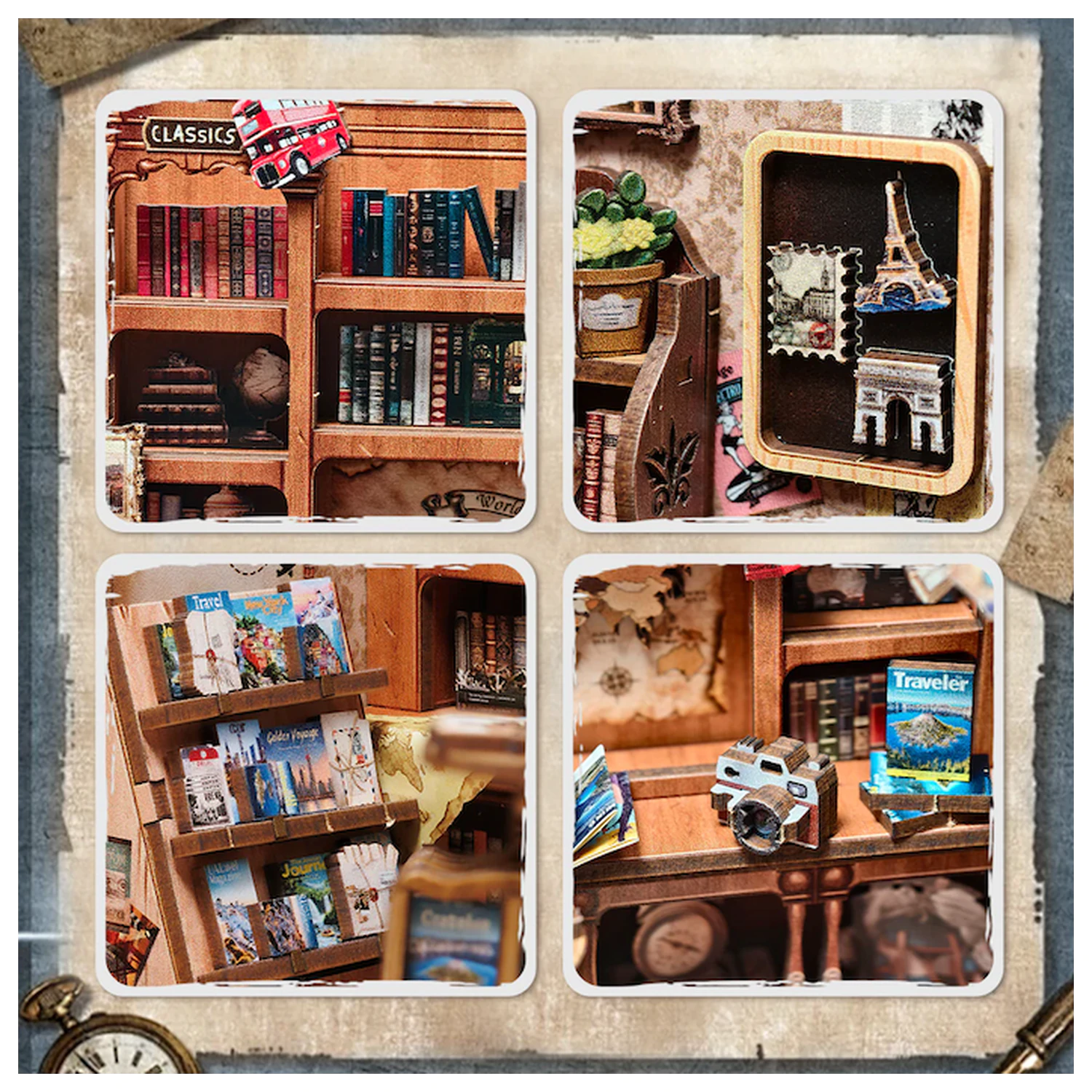 MINIATURE HOUSE DIY Journey Trace Bookshop 241 piese + Set de constructie cu lumina LED poza produsului
