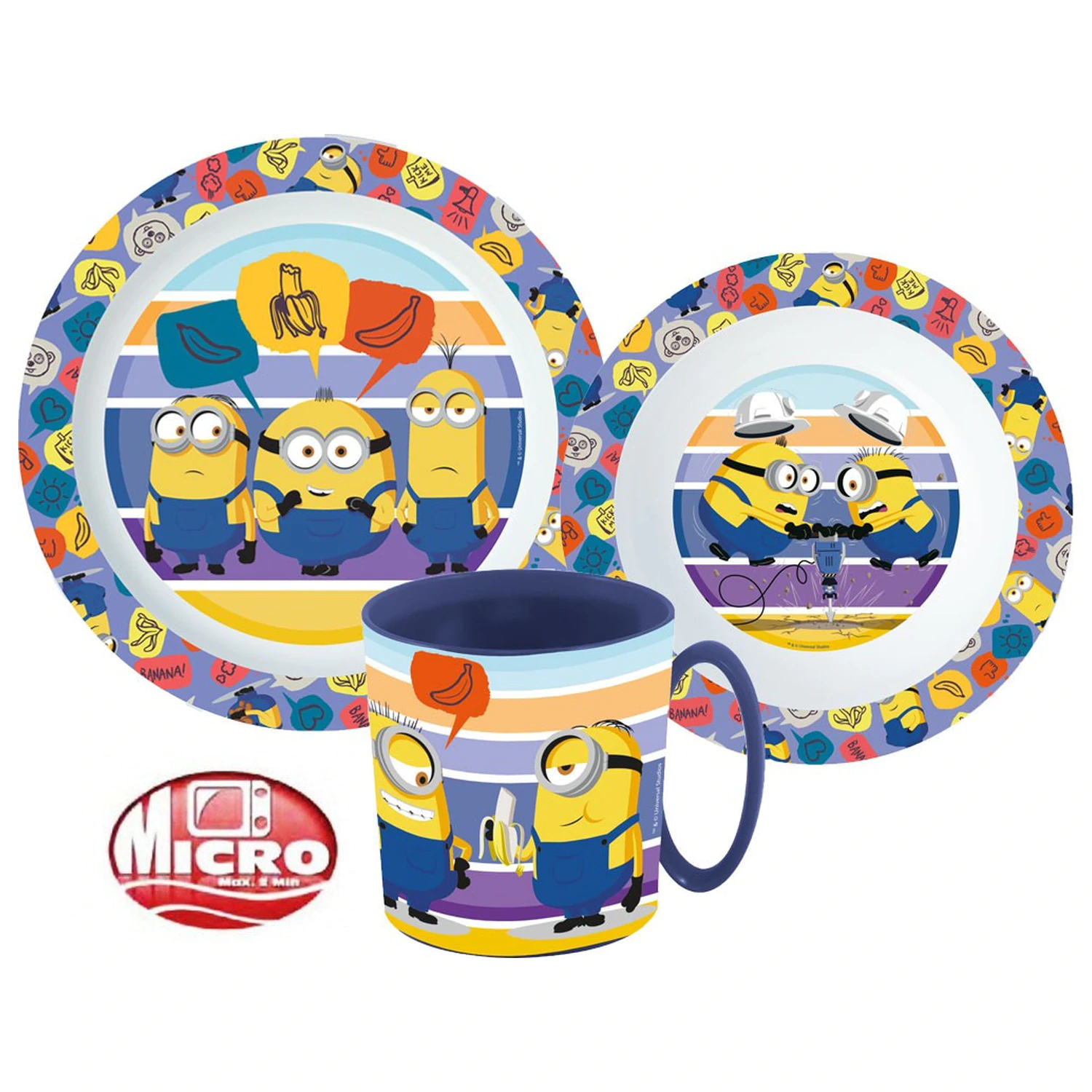 Minions Striped Dinnerware Set, Micro Plastic Set cu cana 350 ml poza produsului
