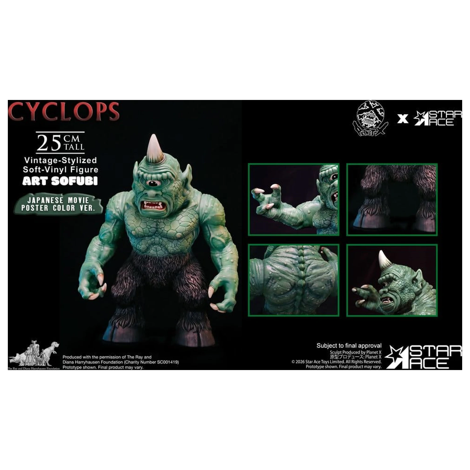 Ray Harryhausen (Art Sofubi) Figurina din vinil moale Cyclops Vintage-Stylized Japanese Movie Poster Color Ver. 25 cm poza produsului