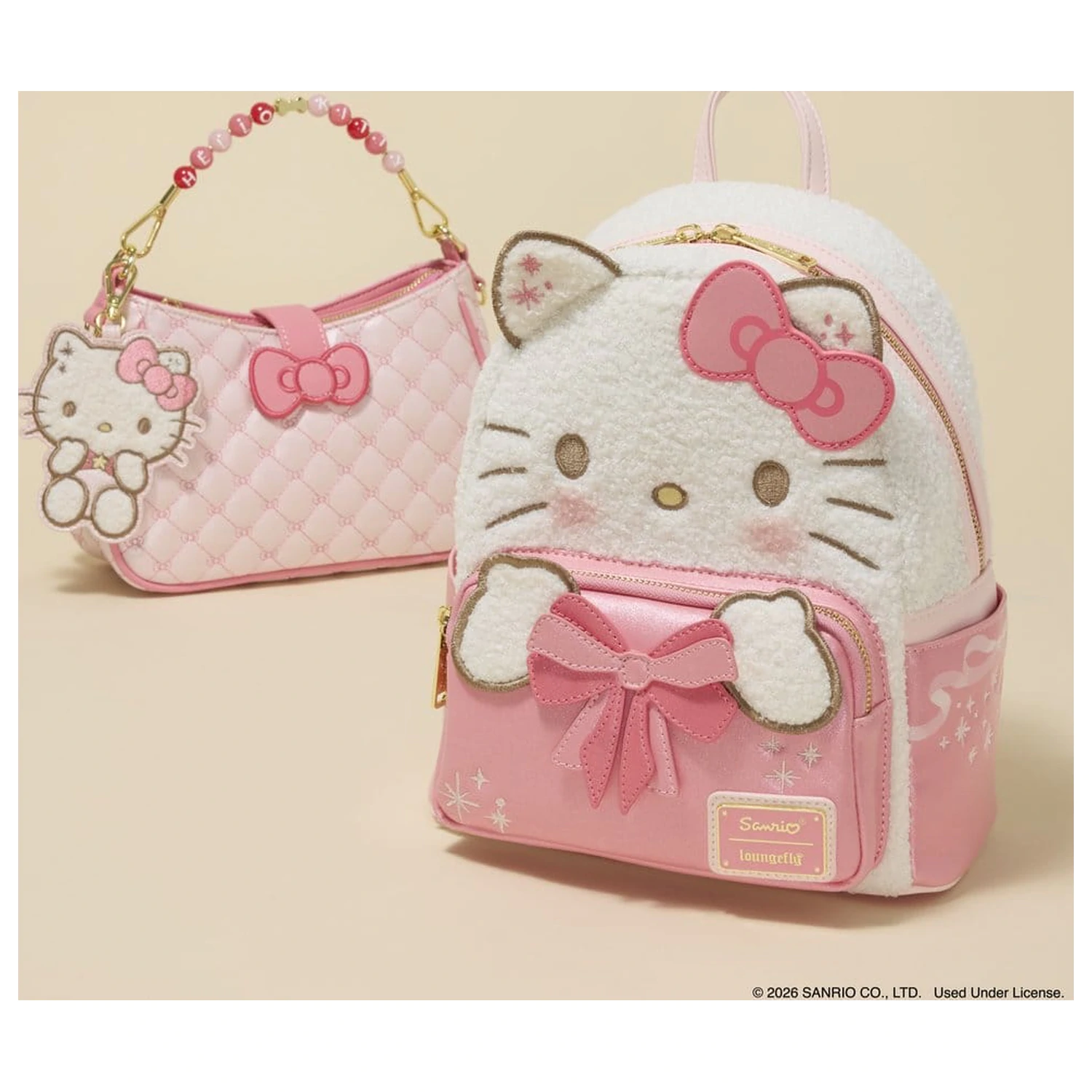 Geanta crossbody Sanrio by Loungefly cu maner din margele si breloc pentru geanta Hello Kitty Quilted poza produsului