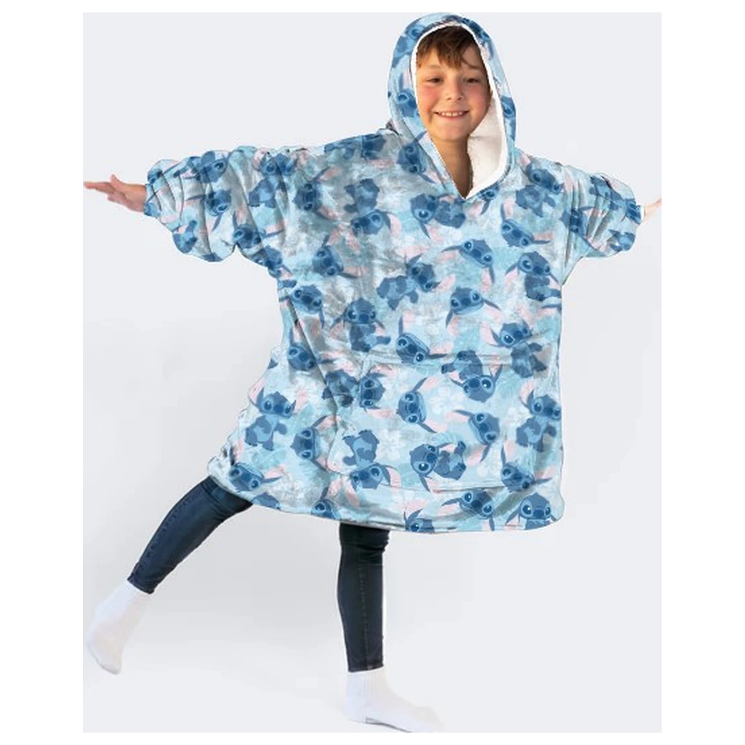 Stitch Blue Plush Fleece Pătura Portabilă Tip Poncho pentru 7-14 Ani poza produsului