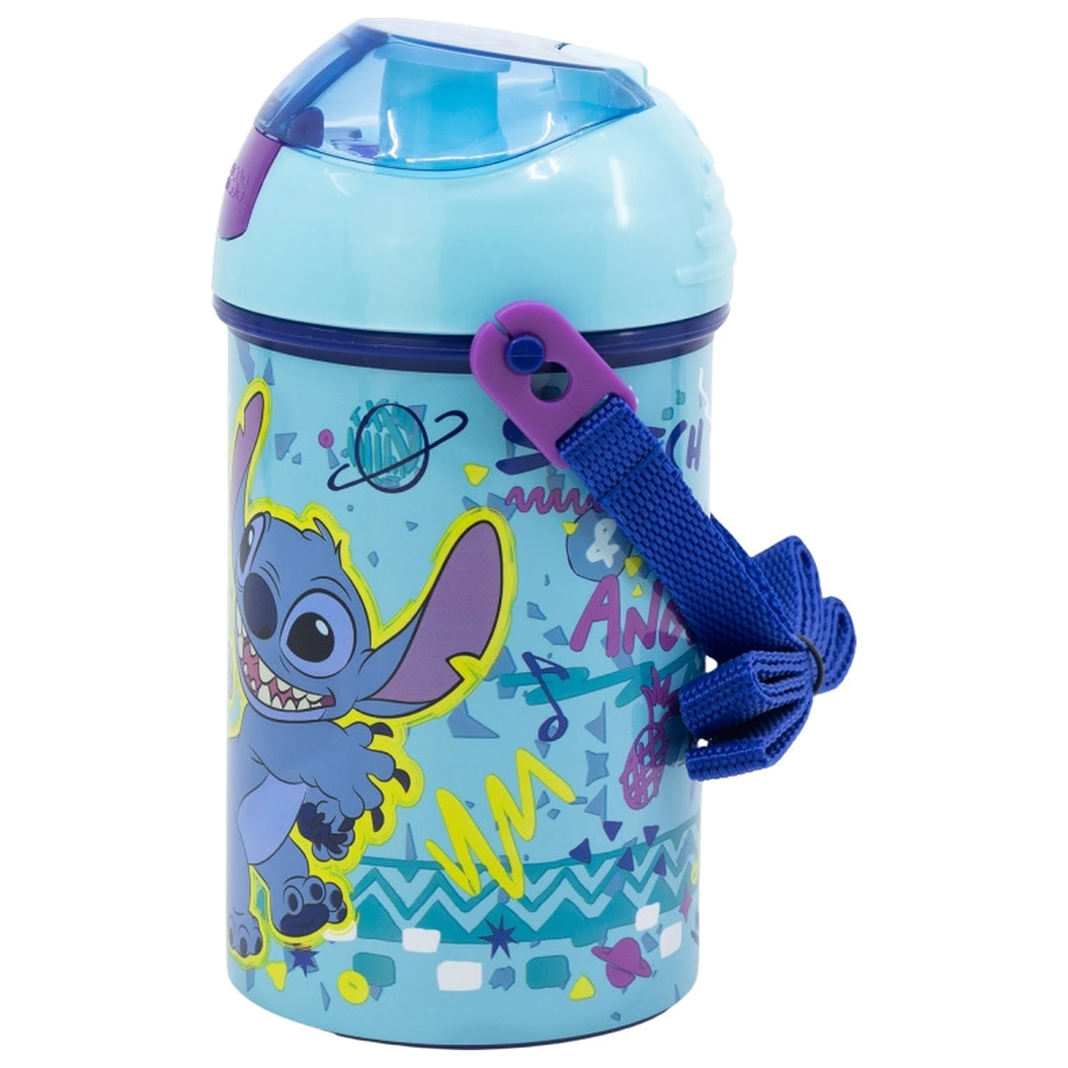 Stitch Dance Sticla de apa din plastic cu pai si agatatoare 450 ml poza produsului