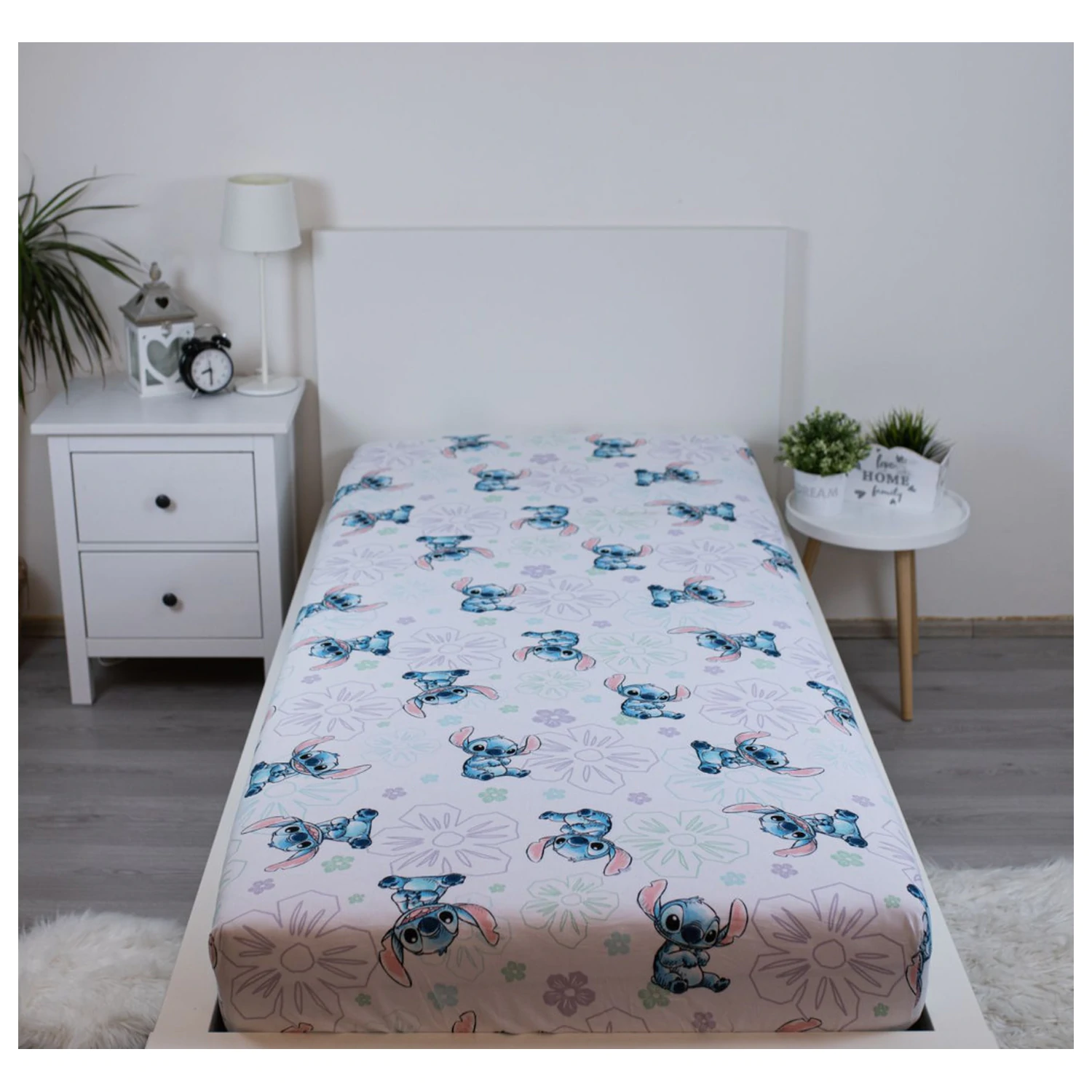 Cearșaf de pat alb ajustabil Stitch Ohana 90x200 cm poza produsului