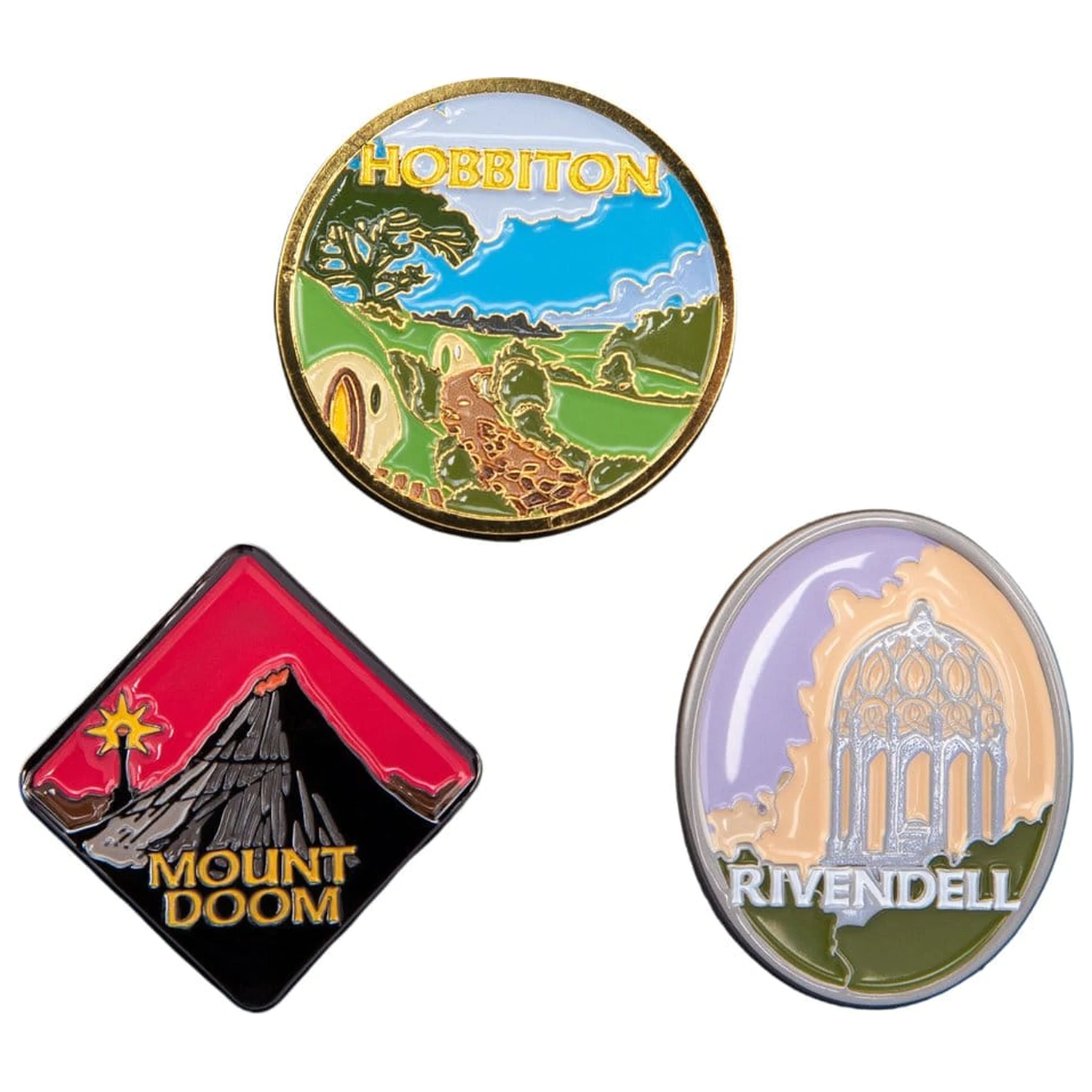 Set de insigne The Lord of the Rings Trilogy Hobbiton, Rivendell si Mount Doom poza produsului