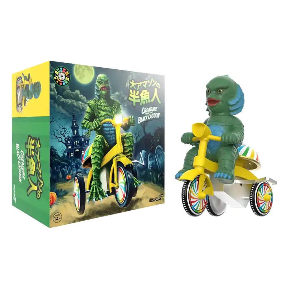 Universal Monsters Super Cycles Figurina de Acțiune Creature from the Black Lagoon (Verde Închis cu Triciclu Galben) 13 cm poza produsului