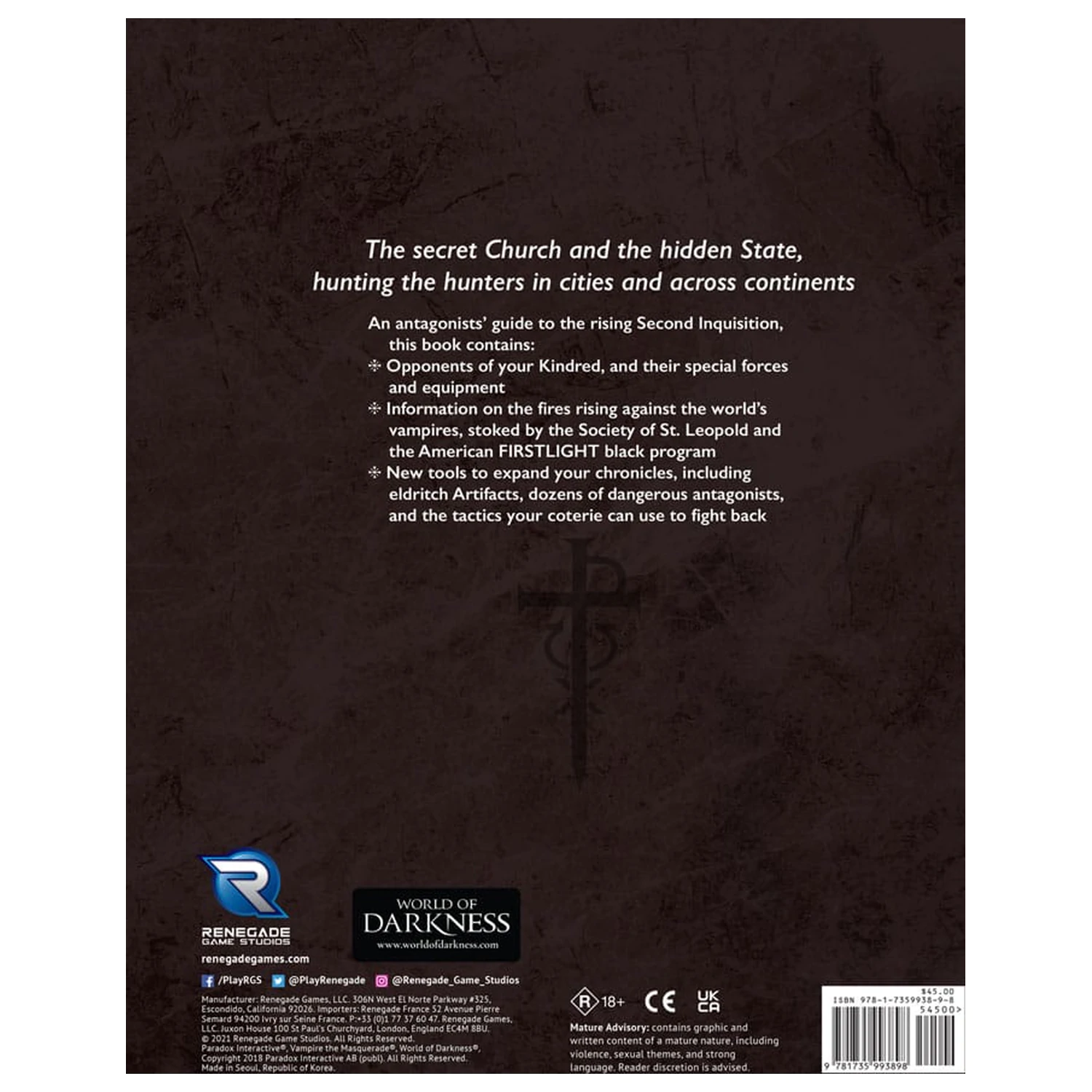 Vampire: The Masquerade 5th Edition carte de joc de rol Second Inquisition versiune in engleza poza produsului